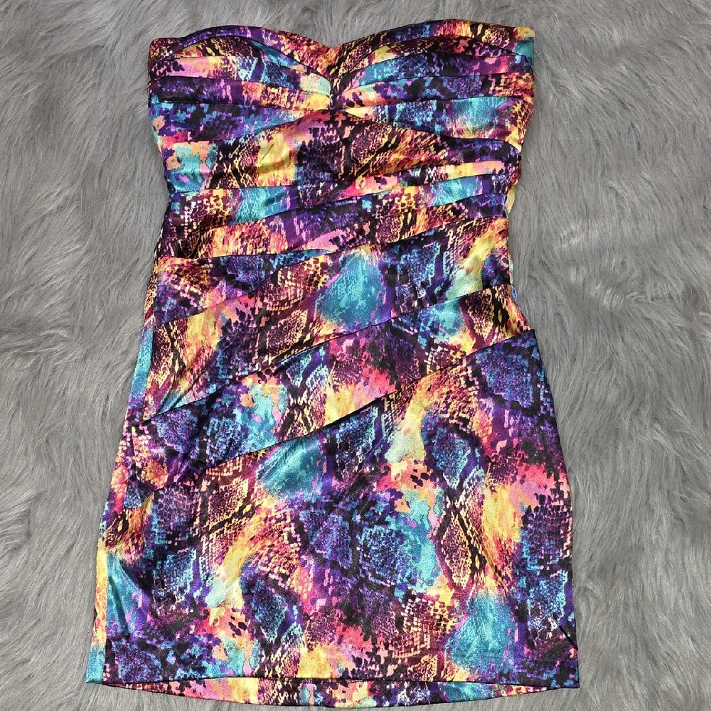 Speechless Strapless Dress in Purple, Blue, and Orange